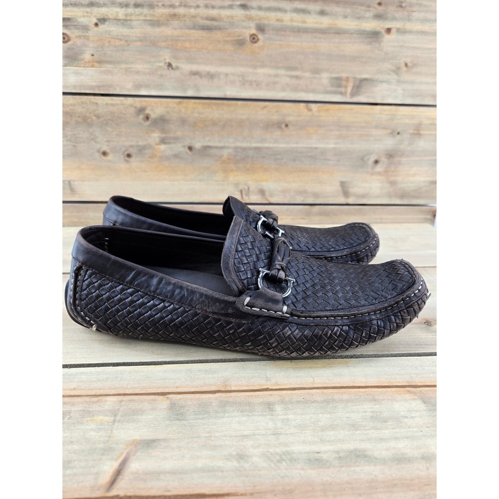 Salvatore Ferragamo Mens Brown Woven Leather Gancini Driving Loafers 10 D Italy